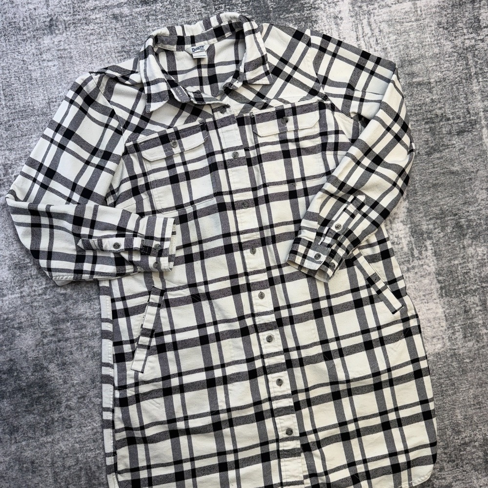 Duluth Folklore Flannel Duster Womens Large White Plaid Long Pockets Chore Pleat